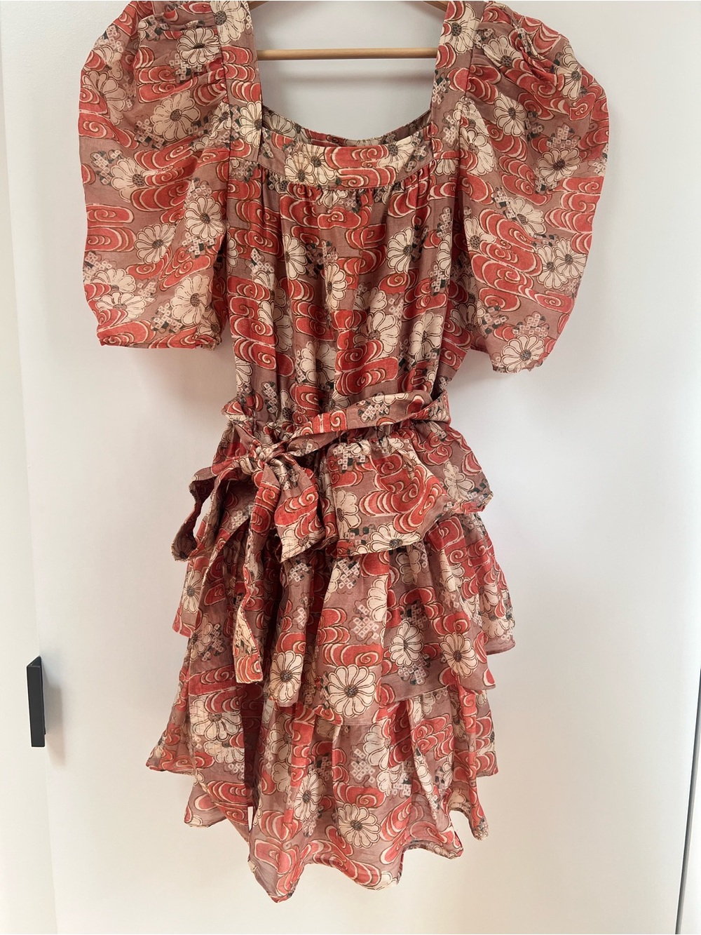 Ulla Johnson Elisse Petunia Coral and Cream Floral Tiered Puff-Sleeve Mini Dress